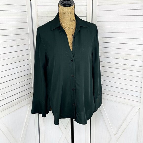 Zara V Neck Button Front Shirt Blouse Dark Green Small Long Sleeve - Picture 1 of 11